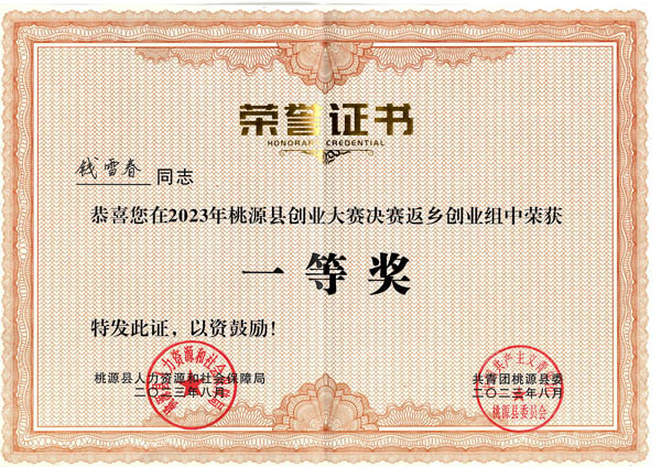 創(chuàng)新創(chuàng)業(yè)大賽一等獎榮譽(yù)證書
